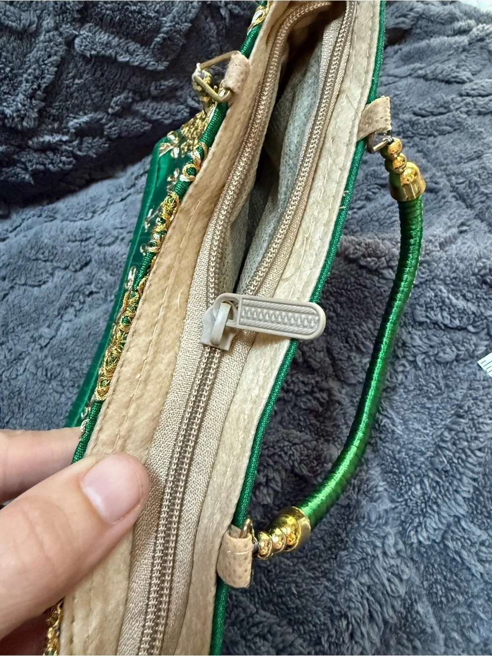 Green Embroidered Evening Bag with Gold Accents 7 x 9”